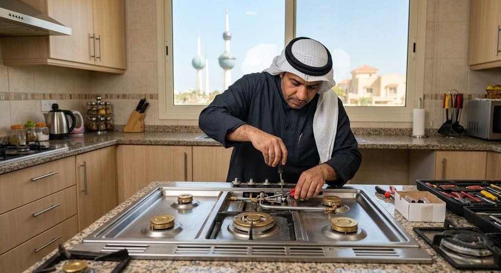 فني صيانة محترف يقوم بفحص وإصلاح أعطال طباخ غاز حديث داخل مطبخ منزلي في منطقة حطين بالكويت لضمان عمله بأمان تام