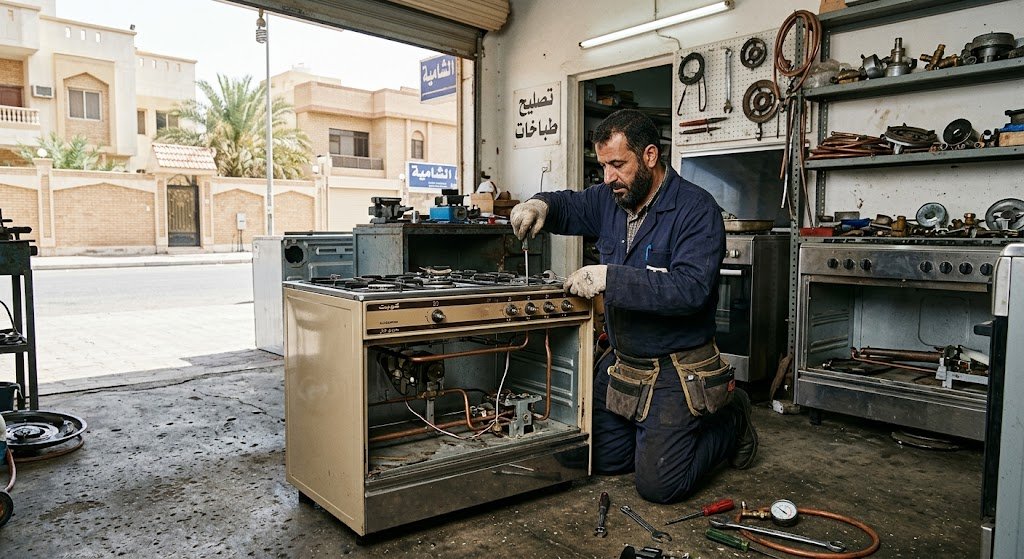 فني محترف يقوم بصيانة وتصليح طباخ غاز منزلي بدقة عالية داخل مطبخ عصري في منطقة الشامية بالكويت لضمان عمله بأمان وكفاءة