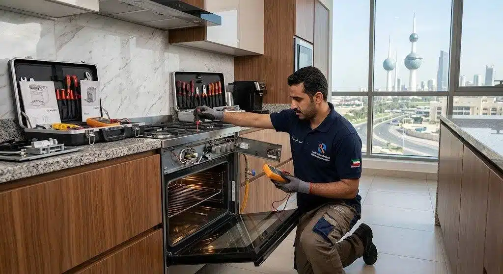 فني تصليح طباخات الكويت من شركة تكنوكوك أثناء صيانة فرن غاز في المنزل